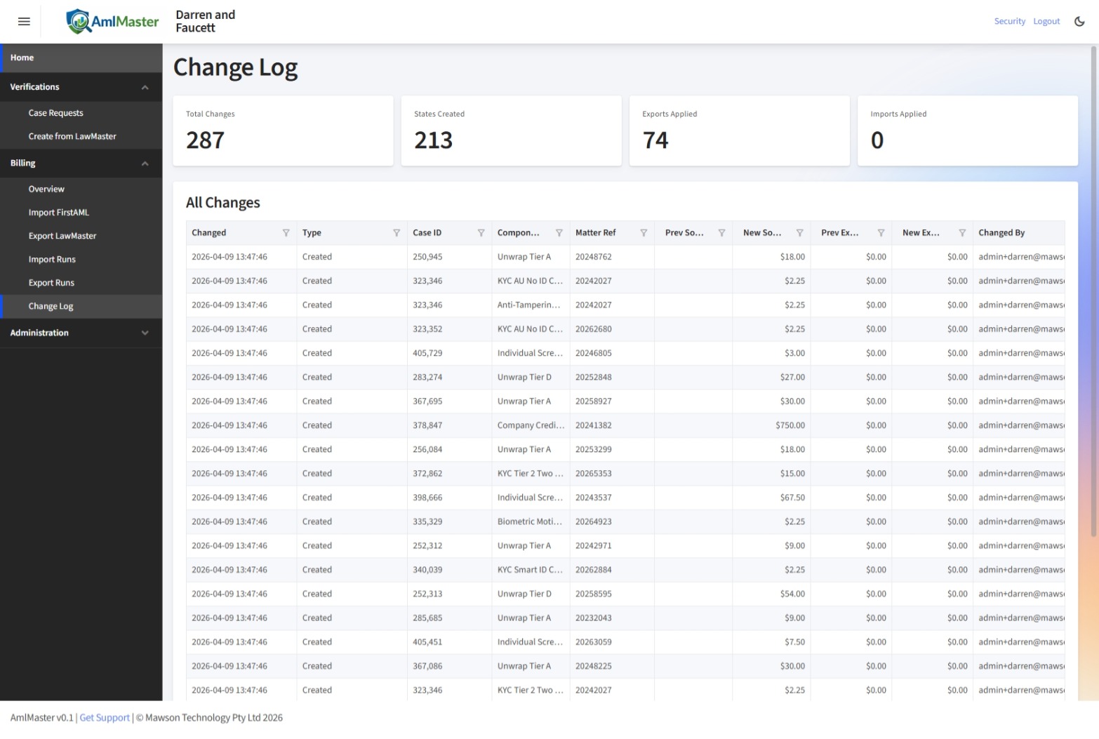 AmlMaster billing change log showing state changes, exports applied, and row-level billing history.
