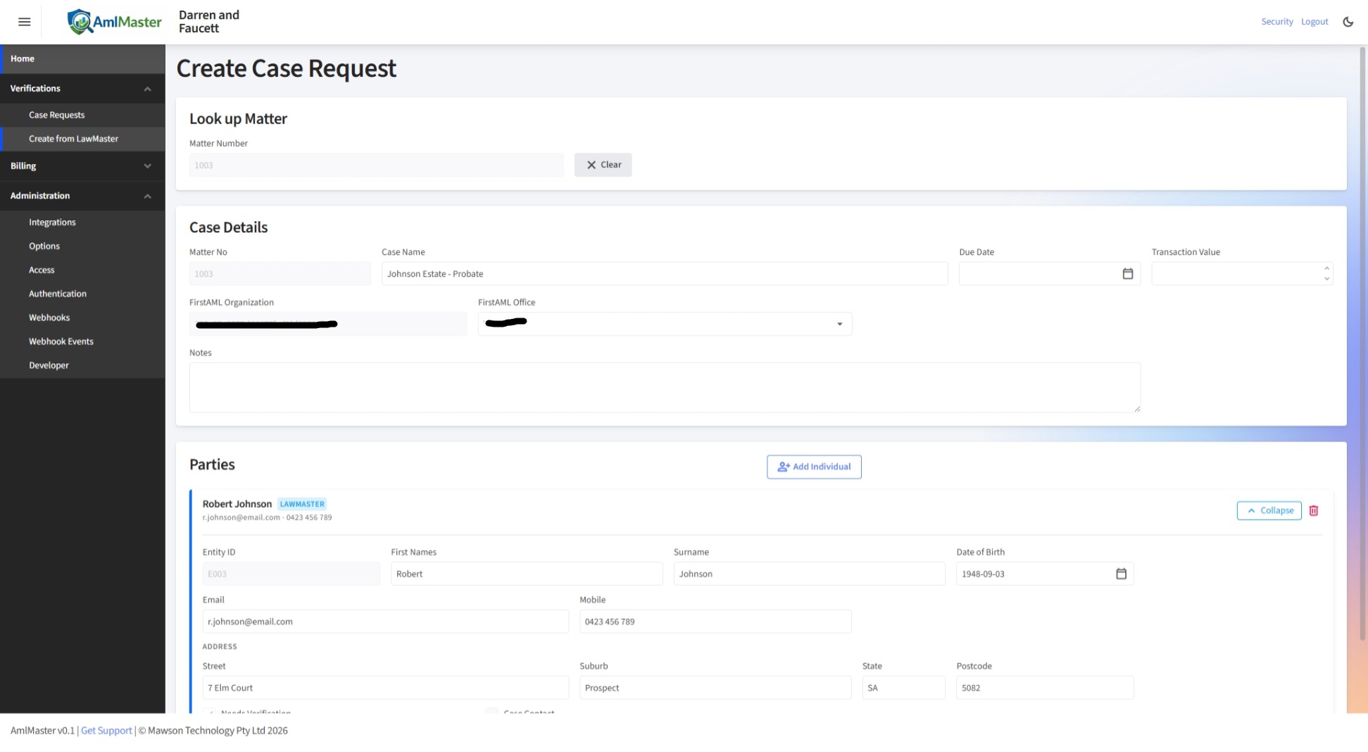 AmlMaster screen showing creation of a FirstAML case from a LawMaster matter with matter client details pre-filled from the LawMaster API.