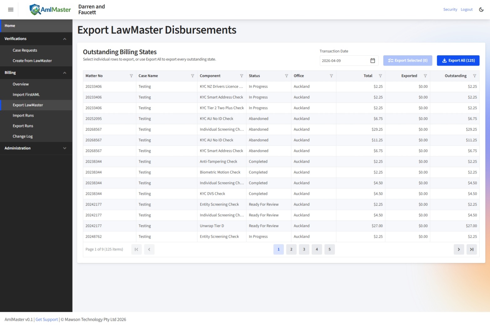 AmlMaster export LawMaster disbursements screen showing outstanding billing states and export actions.