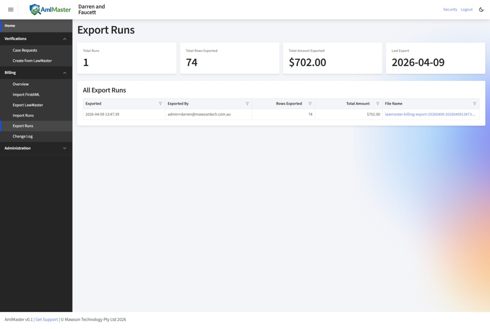 AmlMaster export runs screen listing export history, rows exported, amount exported, and generated file name.