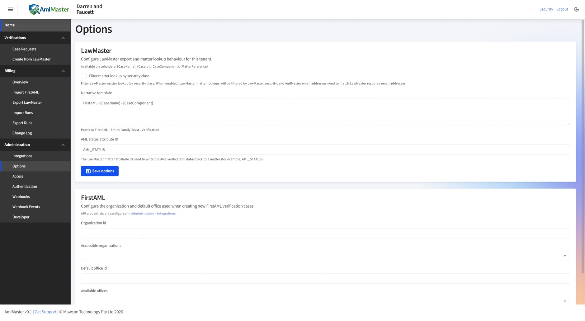AmlMaster screen showing FirstAML case status being synced back to a LawMaster matter attribute.